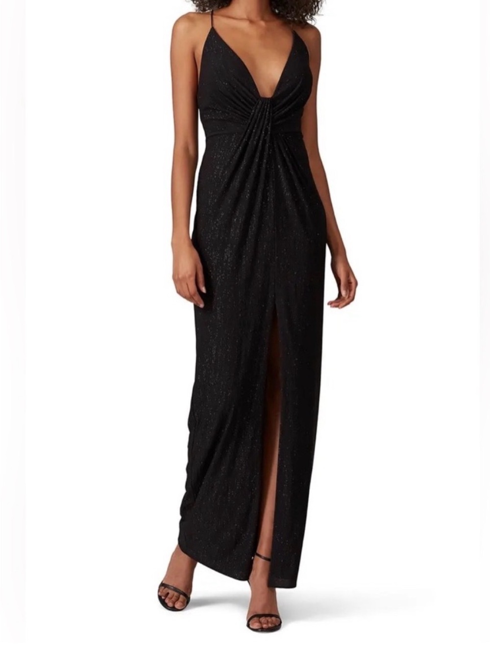 Aidan Mattox Black Sparkle V-Neck Maxi with Front Slit